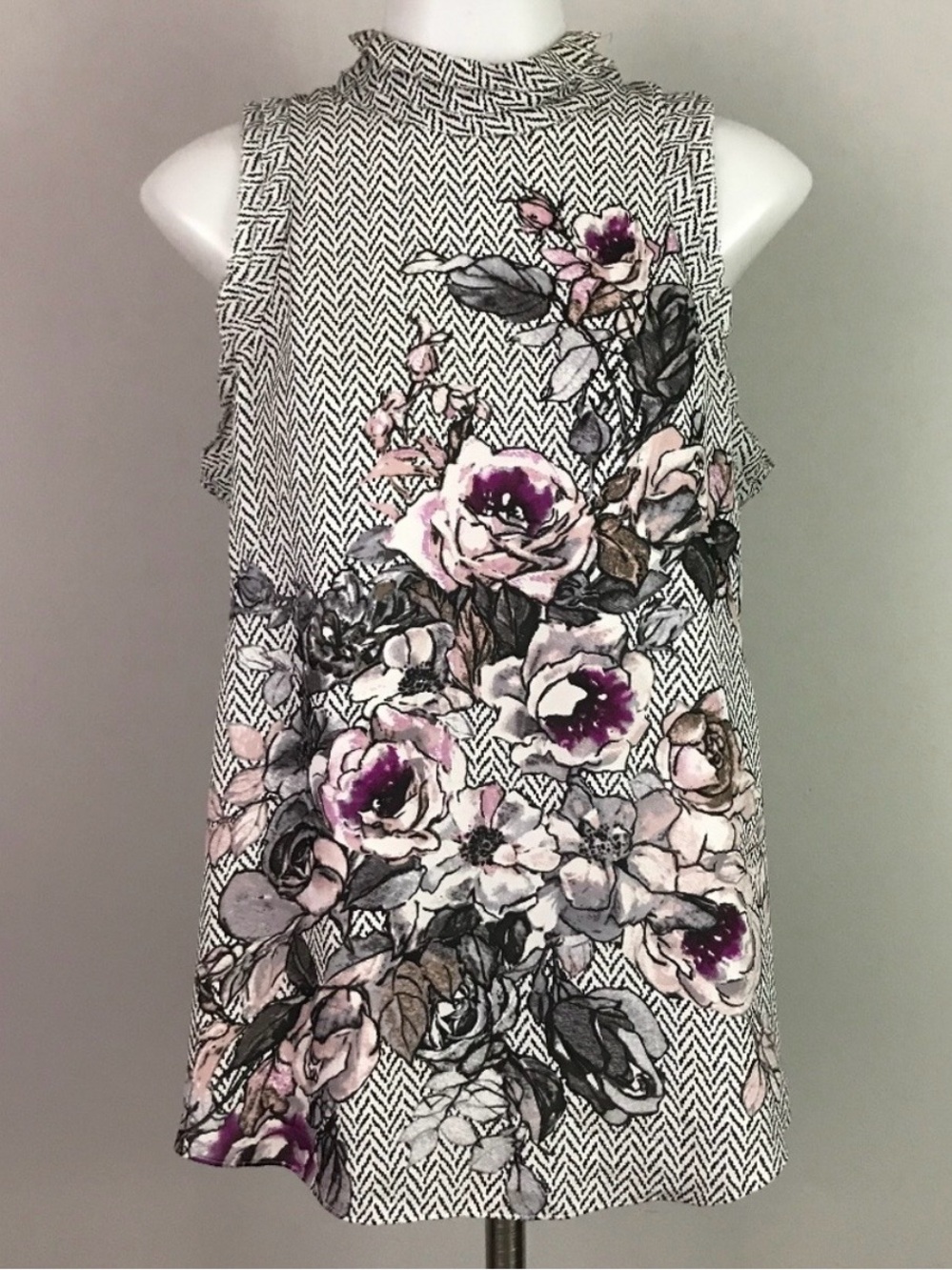 WHBM Silk Herringbone Floral Mock Neck Top in Black, White & Pink